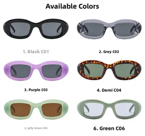 Detailed view showing six vintage oval sunglasses in black, grey, pink, and tortoiseshell