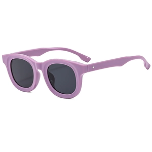 Lavender purple thick oval frame sunglasses with dark lenses and silver metal rivets