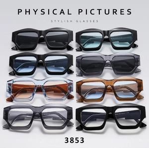 Matrix display of stylish geometric thick frame sunglasses in eight different color options