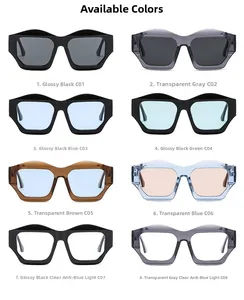 Detailed grid showing 8 colors of polygonal sunglasses including blue light blocking lens