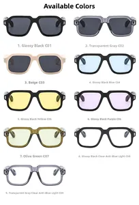 Grid view of stylish square sunglasses in multiple colors and anti-blue light lenses