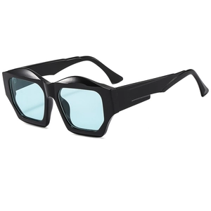 Modern geometric irregular polygon sunglasses with thick black frames and blue lenses