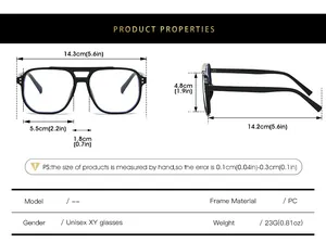 Detailed size chart for retro double-bridge square glasses showing PC frame measurements