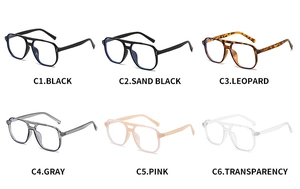 Matrix view of vintage double-bridge square glasses frames in six assorted colors