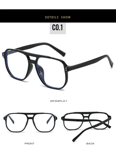 Detailed views of square double-bridge glasses frames with metallic rivet accents