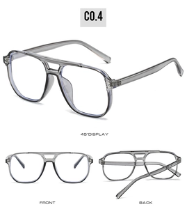 Three-angle view of smoke grey transparent pilot eyewear frames with double-bridge design