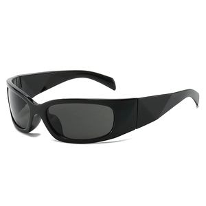 Futuristic Y2K wrap-around sports sunglasses in glossy black finish with dark lenses