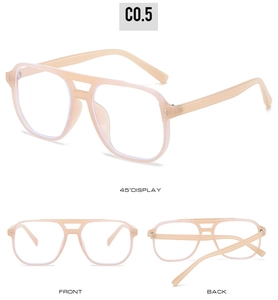 Three-view display of transparent apricot square double-bridge pilot eyeglass frames