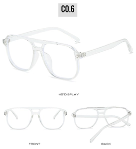 Multiple views of transparent square double-bridge pilot eyeglass frames from different angles