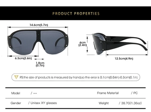 Detailed size chart for unisex polarized sports sunglasses with black PC frame dimensions
