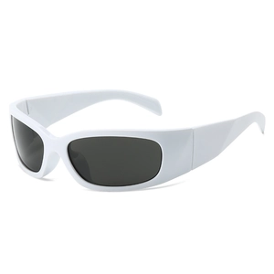 Futuristic white Y2K sports sunglasses with dark lenses and wide streamline plastic frame
