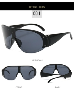 Three-view layout of black hiking sunglasses with tinted UV protection lenses for outdoor sports