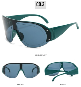 Three-way view of polarized hiking sunglasses with dark green frames and silver rivets