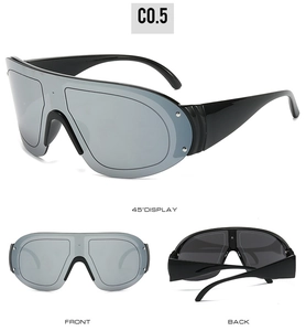 Three-view display of sporty wraparound sunglasses with grey lenses and black frame