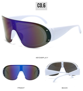 Detailed views of white sport sunglasses with purple gradient shield lenses