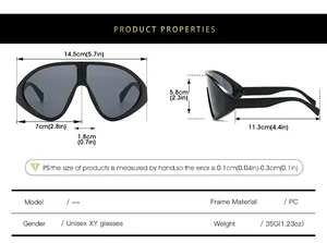 Detailed size chart for oversized one-piece sunglasses showing dimensions and PC frame specs