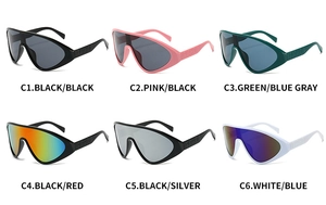Showcase of six fashion oversized sunglasses in various colors with embossed fashion temple
