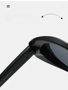 Macro shot of durable metal hinges and size specs on large cat-eye sunglasses