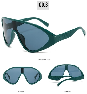 Detailed views of dark green oversized wrap-around sunglasses with 'FASHION' embossed temples