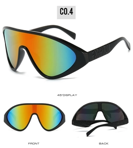 Detail view of oversized shield sunglasses with gradient lenses and fashion side logo