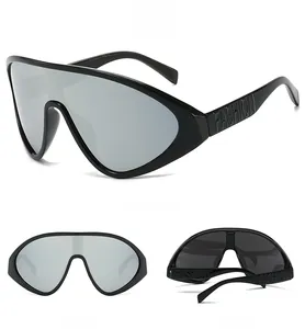 Detailed multi-angle views of oversized shield sunglasses with silver mirrored lenses