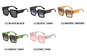 Matrix display of five square oversized sunglasses in black, marble gray, brown, green and pink