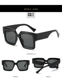 Three-way view of oversized square black sunglasses showing front, back, and side detail