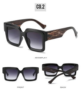 Three-way view of square sunglasses with black frame and marble-patterned temples