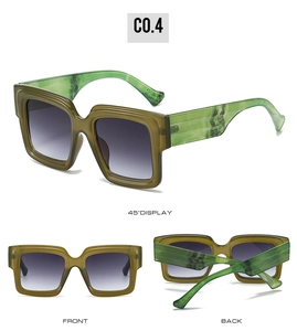 Three-view display of olive green square sunglasses with marbled temples and gradient lenses