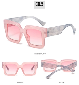 Front and back views of square oversized sunglasses with pink frames and marble temples