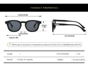 Detailed size chart for retro oval sunglasses with precise measurements and PC frame specs