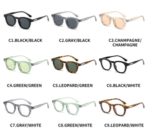 Nine vintage oval sunglasses and eyeglasses display in multiple colors with square frames