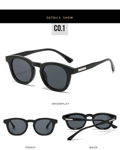Detailed multi-angle views of black oval sunglasses featuring silver side accents