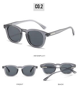 Three-view display of vintage oval sunglasses in transparent grey with metal temple accents