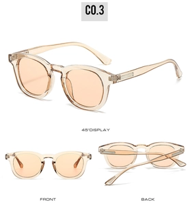 Three-angle display of retro oval sunglasses with champagne frames and orange lenses