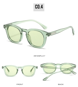 Three-angle display of retro oval green sunglasses with transparent frames and resin lenses