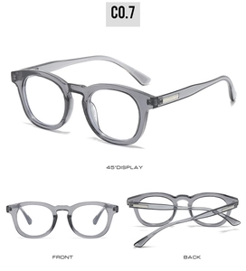 Three-angle views of gray translucent oval sunglasses with metal temple accents