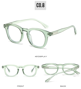 Detail view of oval light green translucent sunglasses with sturdy metal hinges