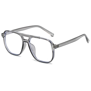 Modern square double-bridge transparent grey glasses frame in a 45-degree side view