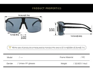 Size chart showing cycling sunglasses dimensions and specifications in cm and inches