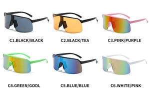 Matrix display of six color variants of oversized cycling sunglasses with varied lens coatings