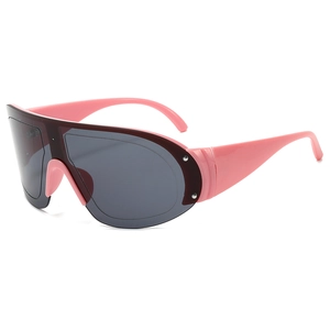 Pink sporty oversized shield sunglasses with dark grey lenses and silver rivet accents