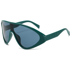 Oversized wrap-around sunglasses with dark lenses and FASHION logo on the temples