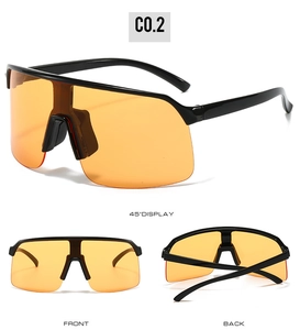 Multiple views of colorful cycling sunglasses with bright orange lenses and black frames