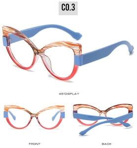 Dettaglio multi-angolo di occhiali cat-eye con montatura a righe colorate e aste blu