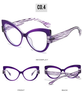 Tre viste di occhiali viola cat-eye con motivi a onde e lenti con filtro luce blu