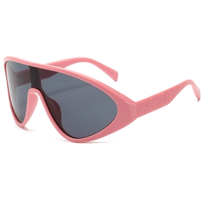 Pink oversized one-piece fashion sunglasses with dark gray lenses and white background