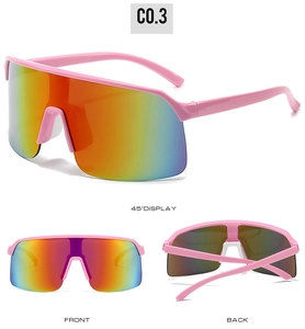 Detailed multi-angle view of pink cycling sunglasses with rainbow gradient lenses