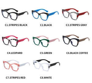Macro display of TR90 cat-eye eyeglass frames in eight assorted oil painting patterns