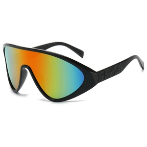 Oversized wrap-around sunglasses with rainbow gradient lenses and black frames